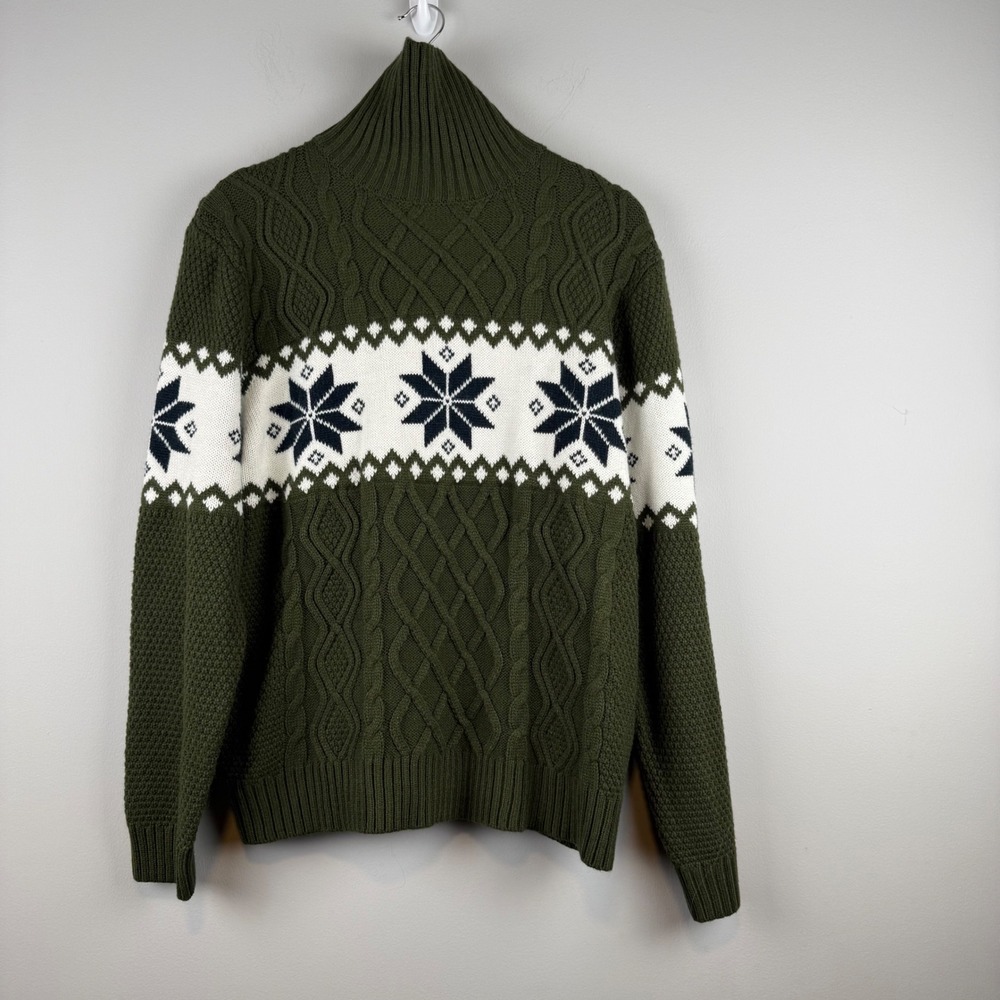 Fair Isle Turtleneck Cable Knit Sweater Size M Olive Snowflake Gorpcore Cabin